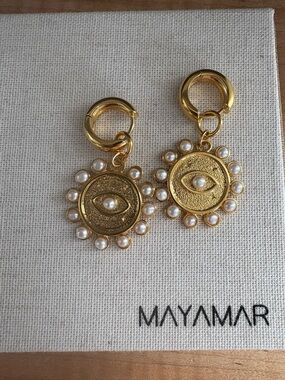 MAYAMAR Gold Evil Eye Pearl Drop Huggie Hoop Earrings